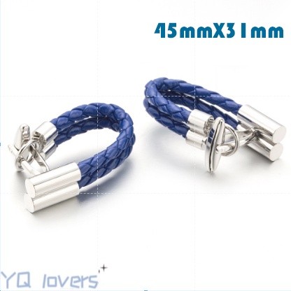JT3 {YQ} Leather Chain Style cufflink Mens French Shirt Blue Braided Pattern Rope Sleeve Nail