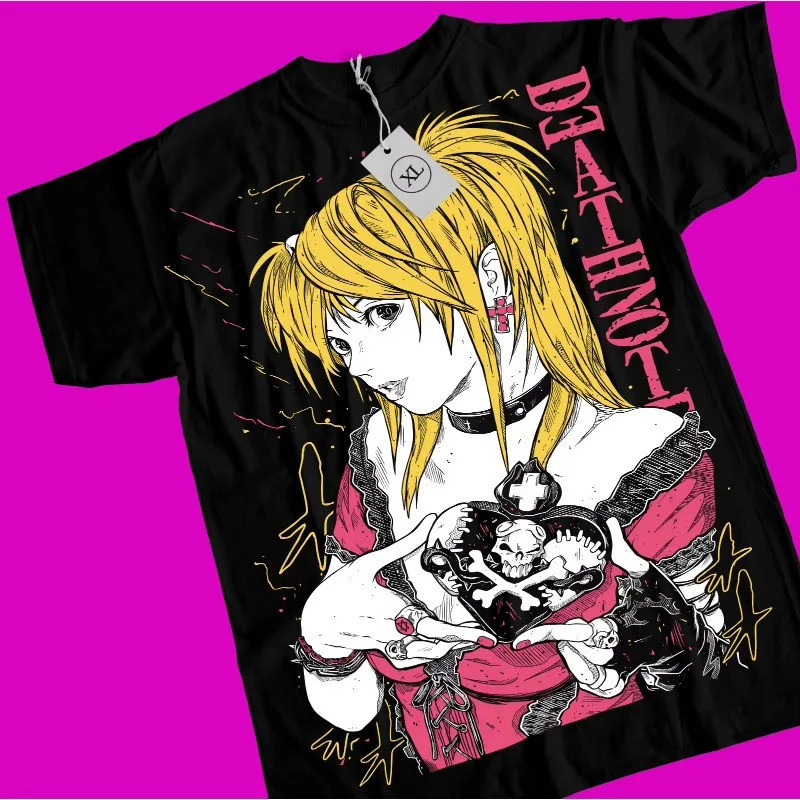 แนวโน้ม เสื้อยืดคอสเพลย์สีดำและขาวแบบกลางๆ Death Note Misa Amane เสื้อยืดมังงะอนิเมะสีดำ Death Note