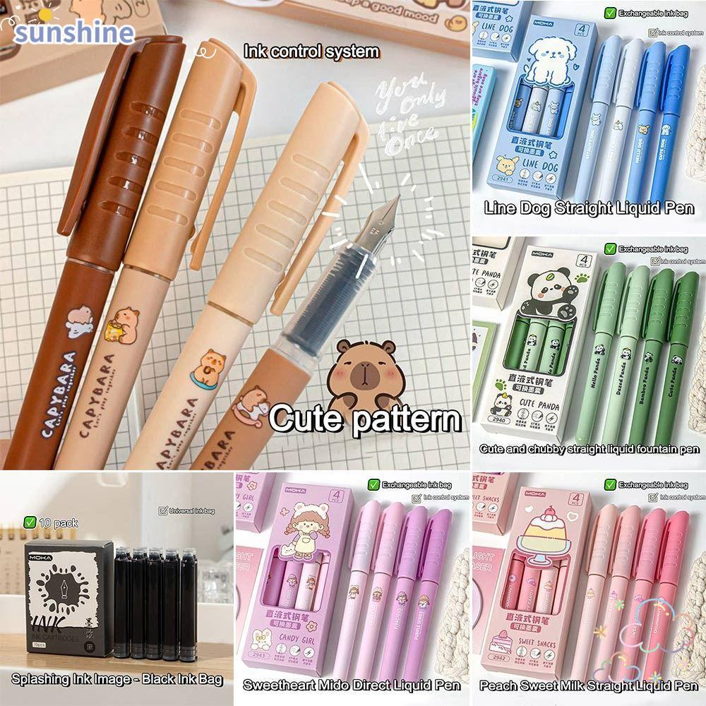 SSUNSHINE ปากกาหมึกซึมรีฟิล 4 ชิ้น, หมึกเติมได้ Quick-drying Capibara Fountain Pen, Cute EF Tip Black Ink Fountain Pens Office School