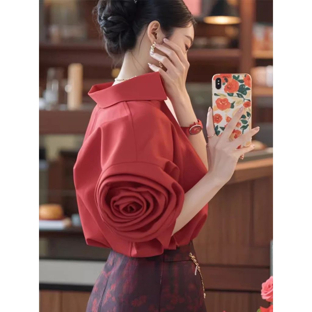 Imoveครึ่งแขนทรงหลวมสําหรับผู้หญิงสไตล์เกาหลีในเสื้อสีแดง