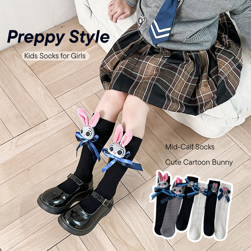 ถุงเท้าลูกวัวยาวสำหรับเด็ก ออกแบบในสไตล์ Preppy ลายการ์ตูนกระต่ายน่ารัก