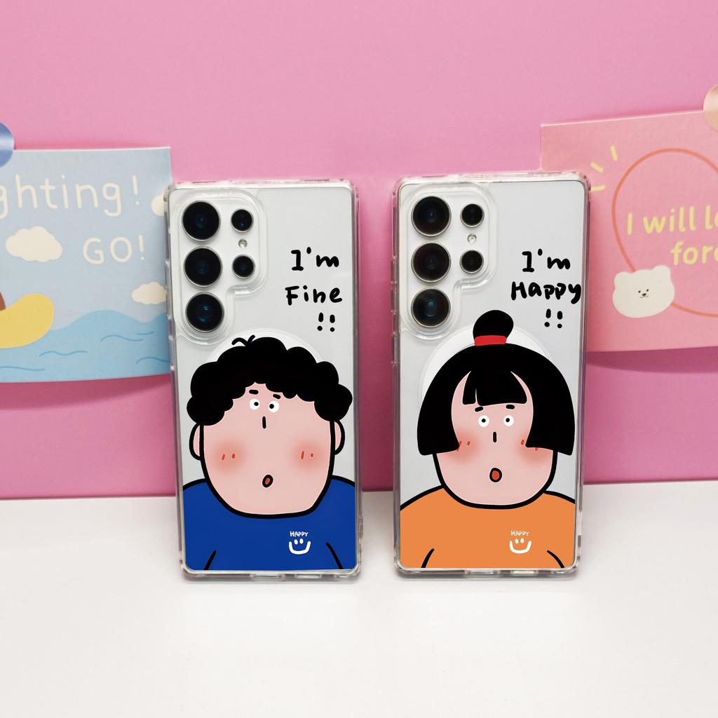 สําหรับSamsung s26 Ultra S25 FE S25 UltraกรณีS24 Ultra S24 FEน่ารักการ์ตูนA56 ฝาครอบแม่เหล็กS23 Hard Shellโปร่งใสเด็กชายและเด็กหญิงมีความสุข