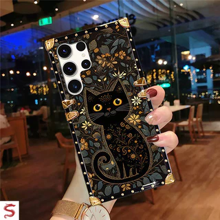 ปลอก Samsung S26 Ultra S25Ultra S24Ultra S24+ S23+ S22 S21 FE Note20 แฟชั่นดอกไม้แมวดํารูปแบบ Square เคสโทรศัพท์กันกระแทก