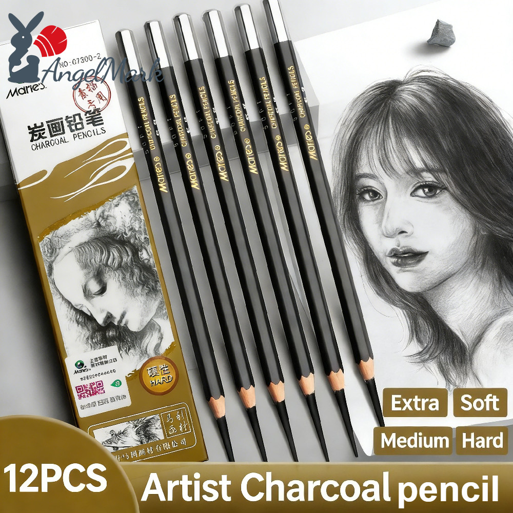 Angel Mark Maries C7300 Sketch Charcoal Pencil 12 ชิ้น Soft/Medium/Hard/Extra-soft Drawing