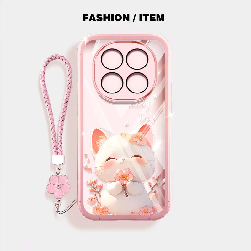VRQR สําหรับ Xiaomi Redmi Note 15 Pro Plus หมายเหตุ 15 Pro + 5G 4G Poco M8 Pro 5G น่ารักยิ้มแมวดอกไม้เชือกแขวนโปร่งใสกันกระแทกเคสโทรศัพท์