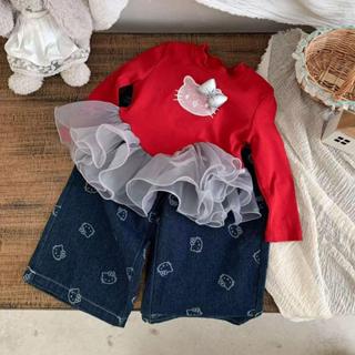 พร้อมส่งจากไทยค่ะ ชุดเซ็ตเด็กผู้หญิง เสื้อสีแดงลายแมวปักโบว์…