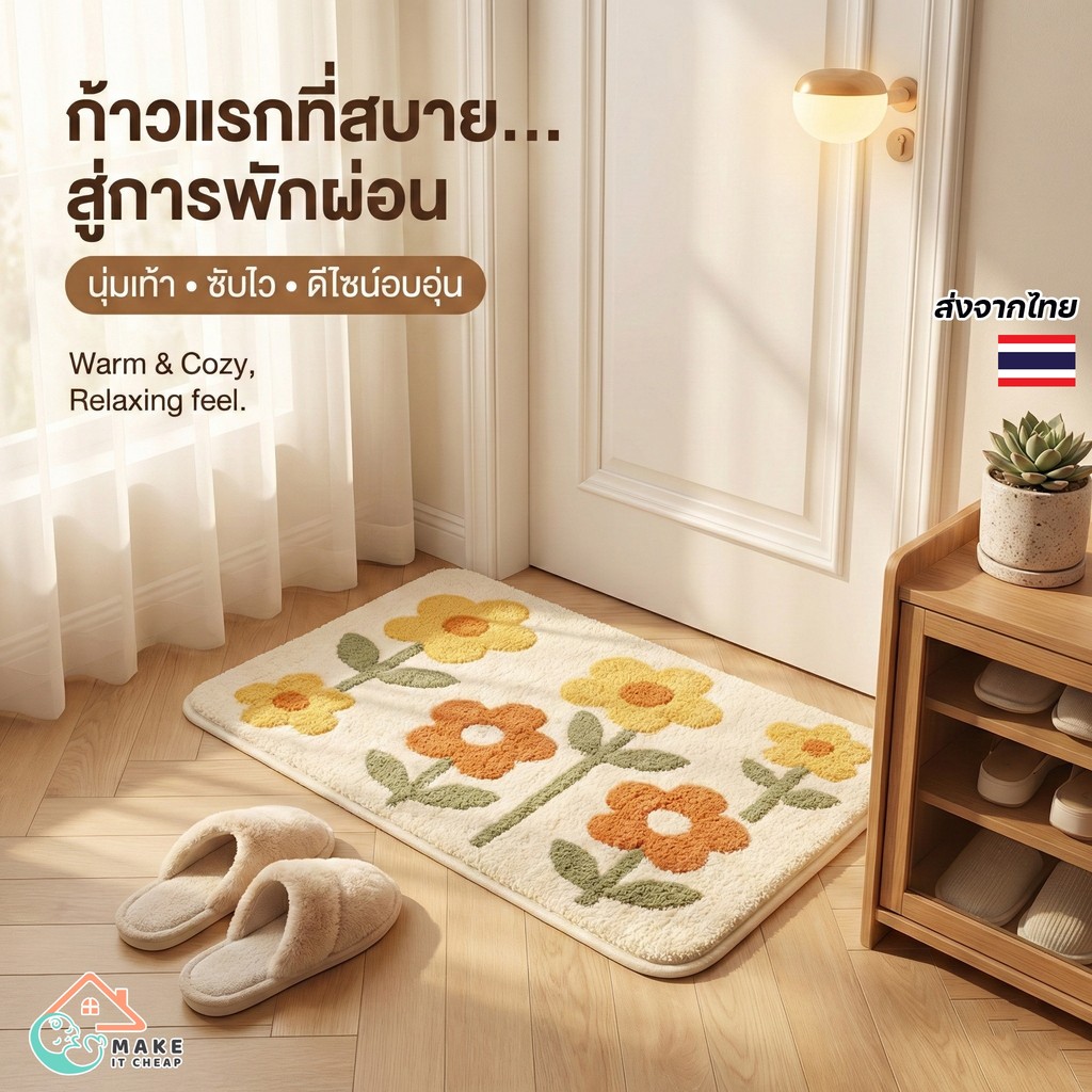 พรมเช็ดเท้า 40×60cm พรมปูพื้นขนนุ่ม ลายน่ารัก มินิมอล กันลื่น ดูดซับน้ำดี แห้งไว เหมาะใช้ในบ้าน