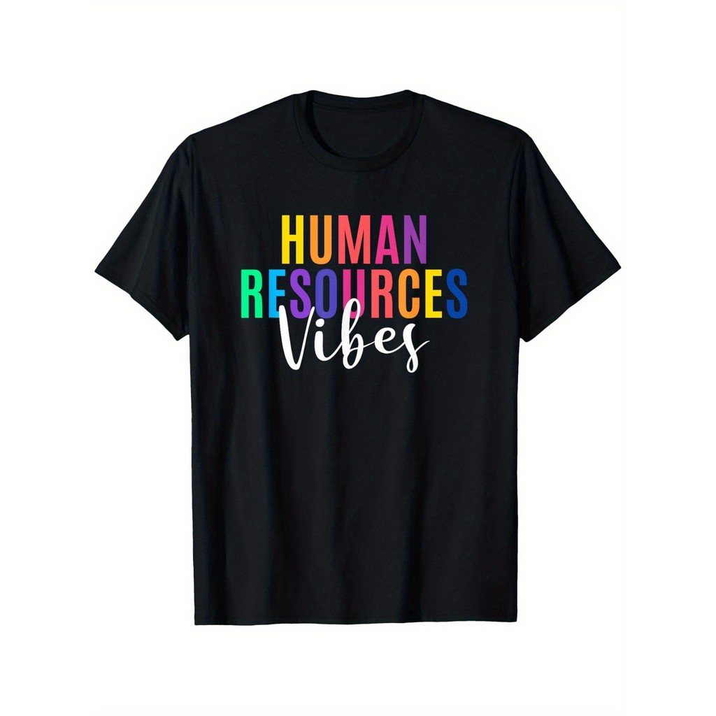 Human Resources Vibes เสื้อยืดกราฟิก - ผ้าฝ้าย 100% 180gsm คอลูกเรือ Casual Tee พิมพ์ Bold HR, ซักเค