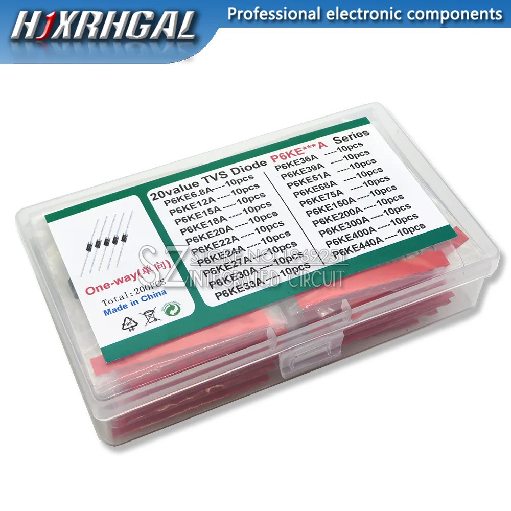 20 ชิ้น * 10 ชิ้น = 200 ชิ้น TVS ชุดหลอดคริสตัล P6KE6.8A/CA 12/15/18/20/22/24/27/30/33/36/39/51/68/7