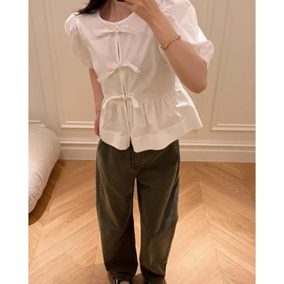 ❤easy❤ผู้หญิง ฝรั่งเศส โบว์ ผูกขึ้น เสื้อแขนสั้น เสื้อเชิ้ต สายรัด แขนพอง ตัวเล็ก เสื้อ