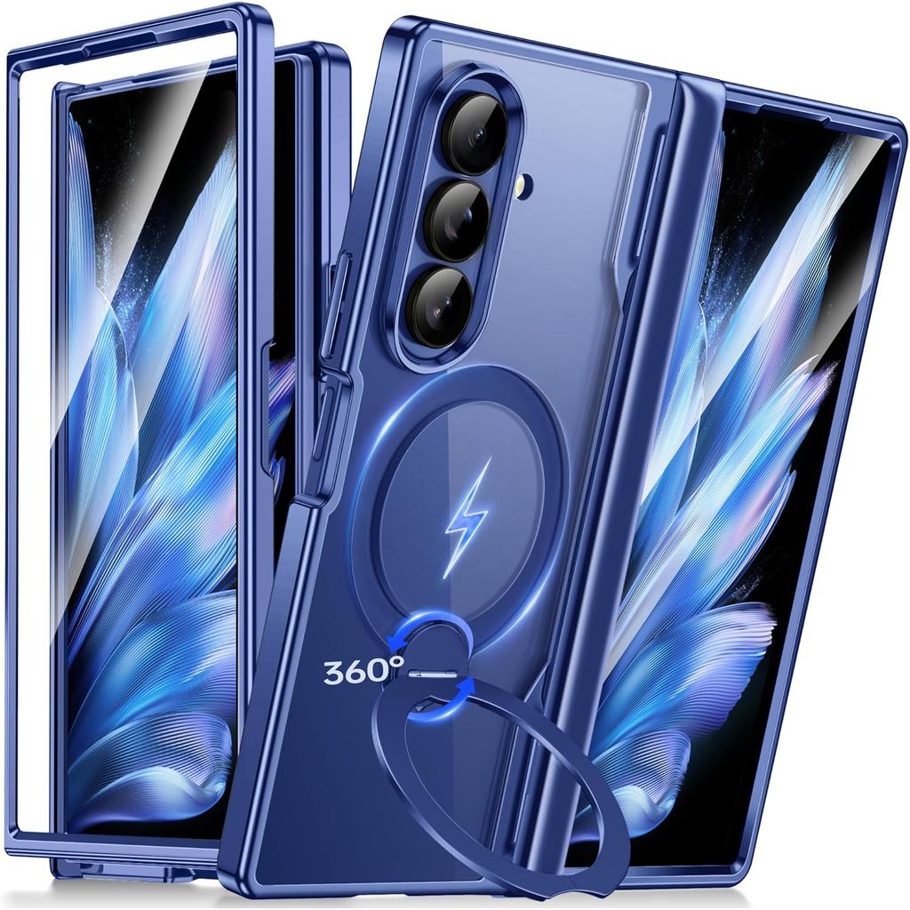 BERFY เคสสำหรับ Z Fold 7 พร้อมขาตั้งแม่เหล็กหมุนได้ 360 องศาและฟิล์มกันรอยหน้าจอในตัว เคสโทรศัพท์แบบเต็มตัวเคลือบผิวใส กันกระแทก ปกป้องรอบด้าน สำหรับ Samsung Galaxy Z Fold 7 (สีน้ำเงิน)