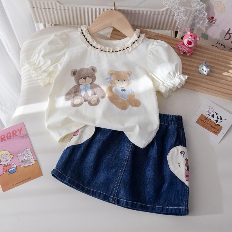 พร้อมส่งจากไทยค่ะ ชุดเซ็ตเด็กผู้หญิง เสื้อลายหมีแขนจั๊ม + กระโปรงผ้าฝ้าย(มีซับทรงกางเกง) LN-828