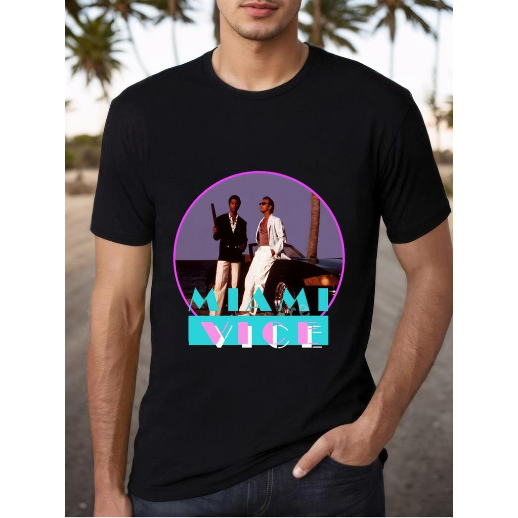 เสื้อยืดผู้ชายสีดำ Miami Vice Retro TV Series แรงบันดาลใจจาก Don Johnson พิมพ์เรขาคณิต ผ้าฝ้าย 100%,
