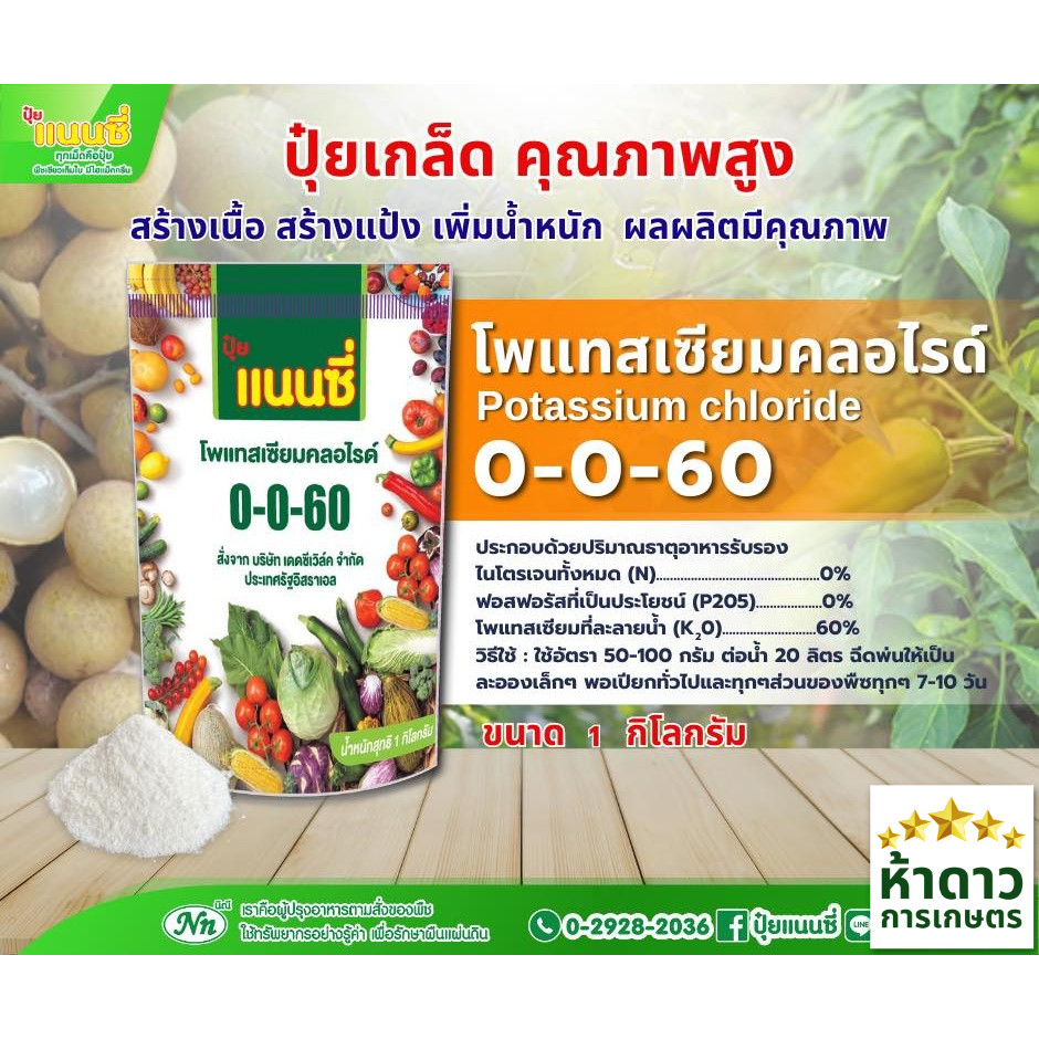 ปุ๋ยเกล็ดแนนซี่สูตร 0-0-60 โพแทสเซียมคลอไรด์ ช่วยสร้างเนื้อ ได้น้ำหนัก สร้างโปรตีน สร้างแป้ง ให้ความ
