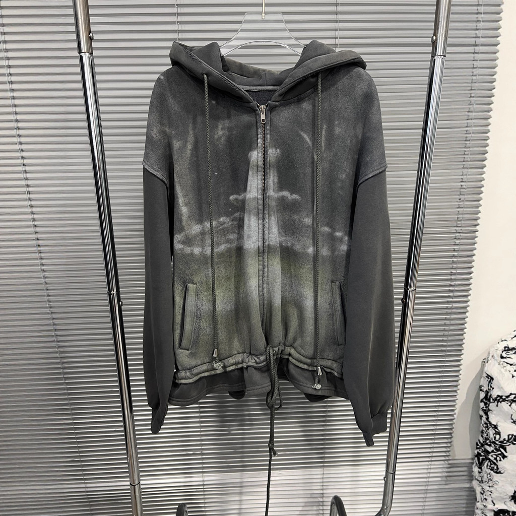 QLOE 2025Autumn Winter New Vintage Distressed Print Loose Zipper Jacket Gray Versatile Hooded Sweats