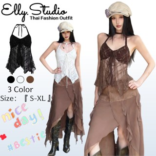 Elly พร้อมส่ง🦄เสื้อสายเดียว🦄ผ้าลูกไม้คอวีดีไซน์โบว์น่ารักเสร…