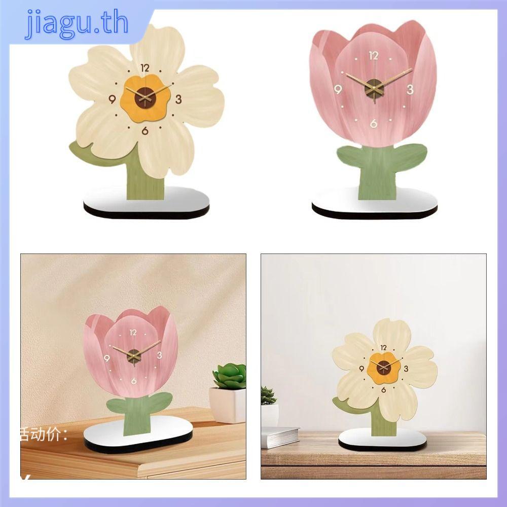 JIAGU นาฬิกาแสดงดอกไม้,นาฬิกาตั้งโต๊ะดอกไม้การ์ตูนทิวลิป,นาฬิกาปิดเสียงดิจิตอลเรียบง่ายที่สร้างสรรค์สําหรับสํานักงานห้องนอนห้องนั่งเล่น