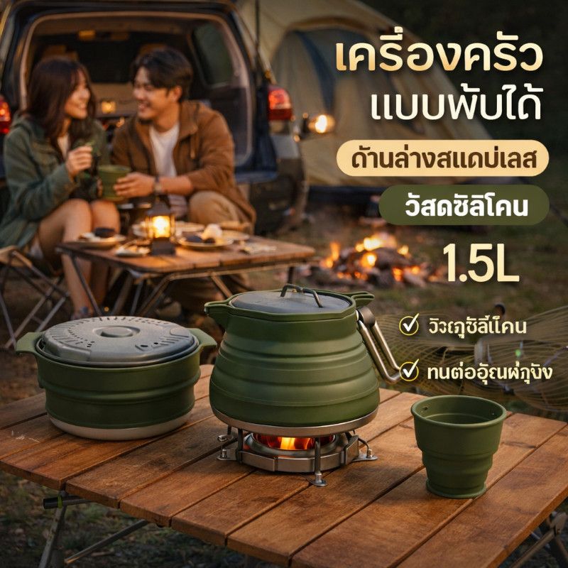 ชุดช้อนส้อมพับได้สำหรับแคมป์ปิ้ง กาต้มน้ำซิลิโคนพับได้ พกพาสะดวก เกรดอาหาร ต้มน้ำเร็ว สำหรับแคมป์ปิ้ง ท่องเที่ยว ใช้ง่าย
