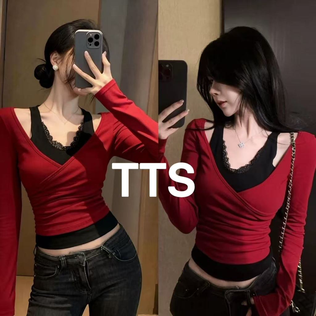 TTS🔥 เสื้อตัวในลูกไม้เทียมสองชิ้นสำหรับผู้หญิง สไตล์ใหม่ฤดูใบไม้ผลิ 2025 สีแดง ทรงเข้ารูปช่วงเอว เสื้อแขนยาวคอวีสั้น