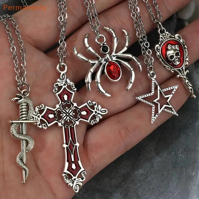 [ถาวร] 5 ชิ้น Gothic Nelace ชุดสําหรับผู้หญิงเครื่องประดับฮาโลวีนหัวใจค้างคาวแมงมุมข้ามจี้เสื้อกันหน