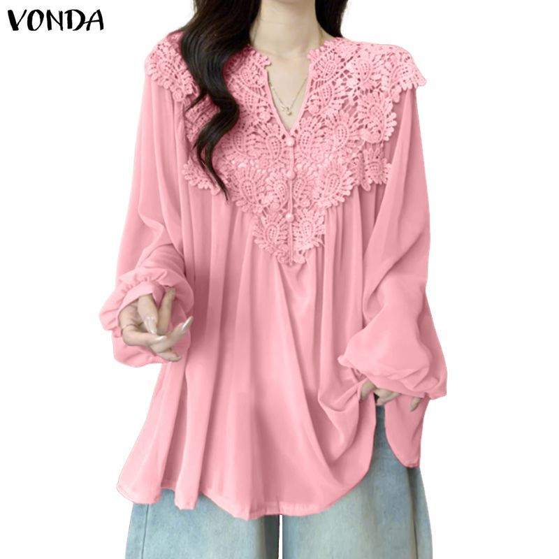VONDA เสื้อลาย_patchwork_แขนลูกไม้ สไตล์เกาหลีอ่อนโยน สำหรับผู้หญิง