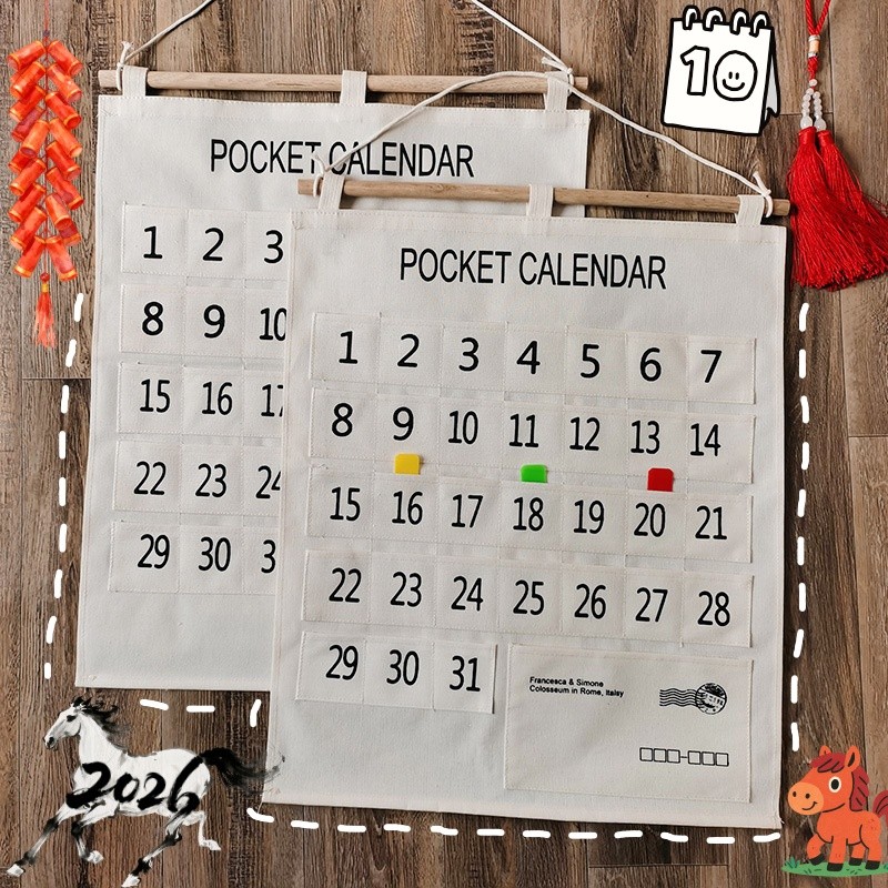 ปฏิทินออมเงิน แคนวาสทนทาน กันน้ำ ช่องเสียบธนบัตร นำไปแขวนได้ DIY 44x52cm ปฏิทินใส่เงินรายเดือน จัดเก็บได้ แขวนประตู/ผนัง