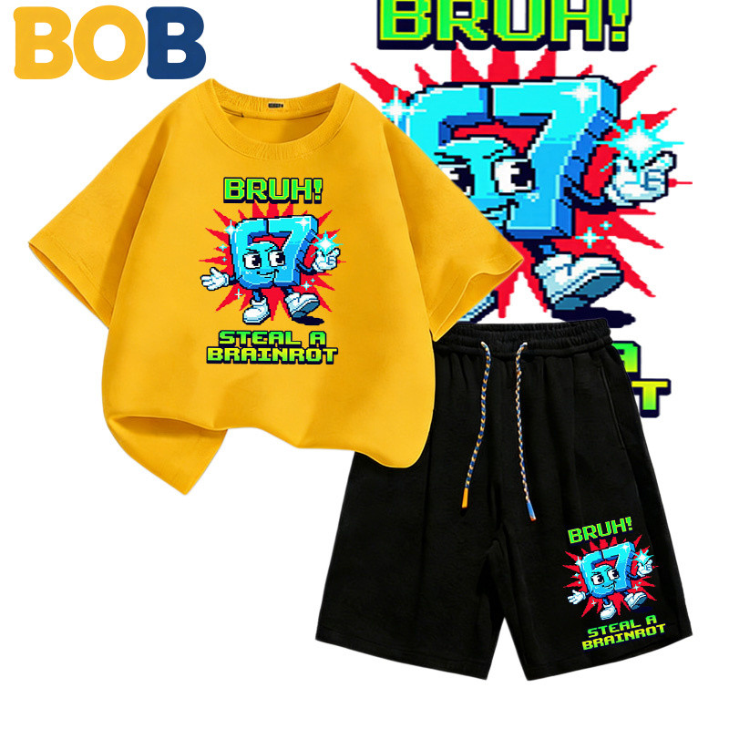 BOB [พร้อมส่ง] ชุดเด็กชายkidsเสื้อยืดเด็ก67ลวดลายพิมพ์ เสื้อยืดเด็ก คอตตอน ชุดสูทเด็กผู้ชาย ชุดลำลอง 2 ชิ้น แฟชั่นสำ#T52 - รูปที่ 2