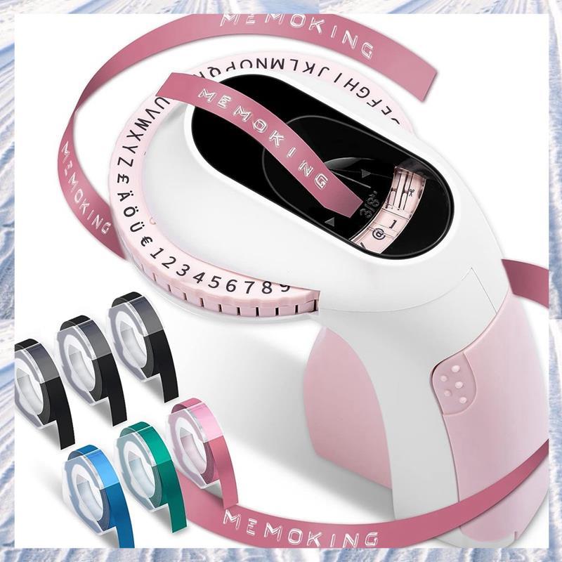 ลายนูน Label Maker E975 3D ลายนูนเครื่องพิมพ์ 6 ม้วน Emboss เทป, มือถือ Embosser Reusable สีชมพู