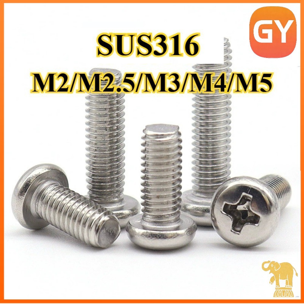 น็อต สกรู หัวกลม หัวแพน แฉก P+ สแตนเลส 316 เกลียวมิล หยาบ M2/M2.5/M3/M4/M5/ Pan Head Phillip Machine