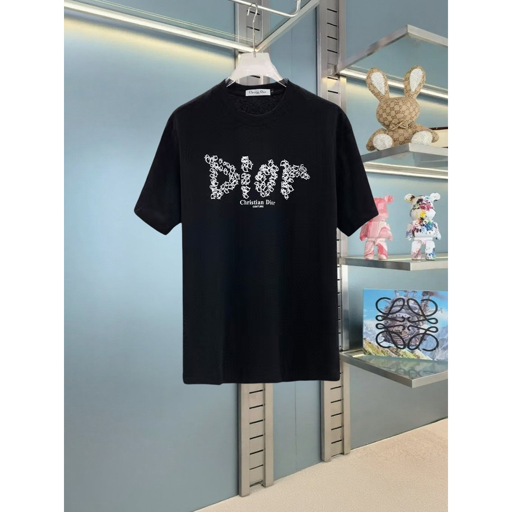 Dior/DIOR2026 คลาสสิกรอบคอแขนสั้นเสื้อยืดผู้ชายผู้หญิงสบายๆภายในกีฬาแขนสั้น Raglan Sleeve Letter พิม