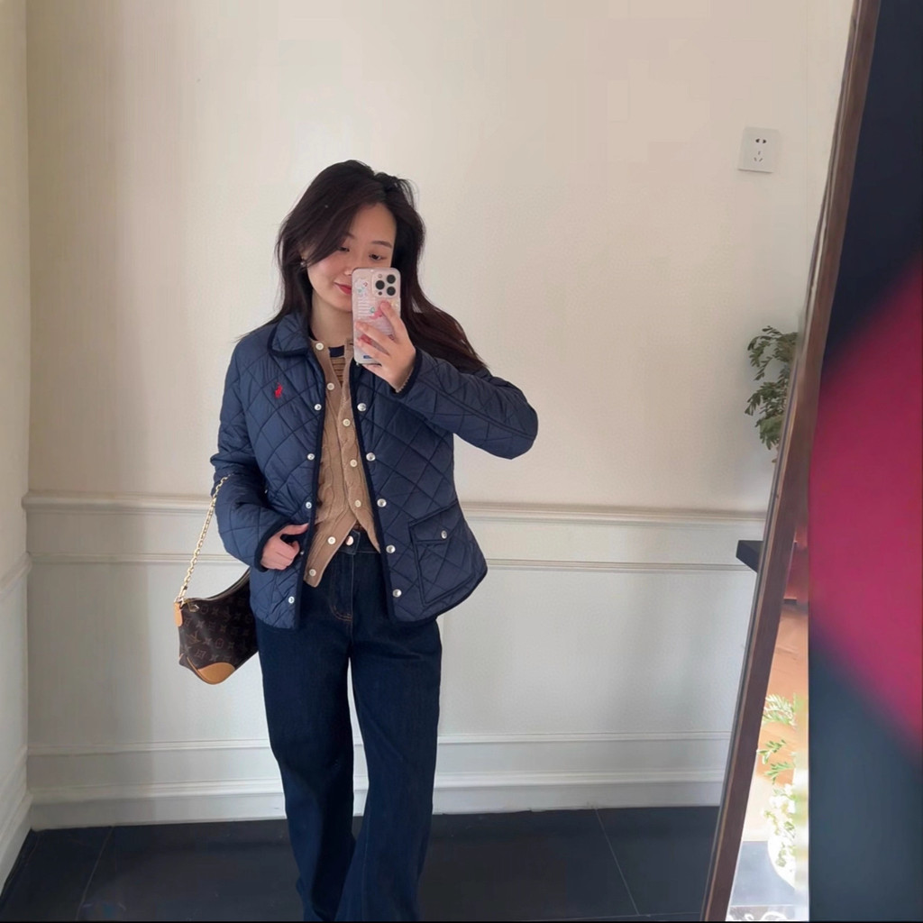 3CEV RL# Classic retro college-style quilted lapel jacket coat Women's