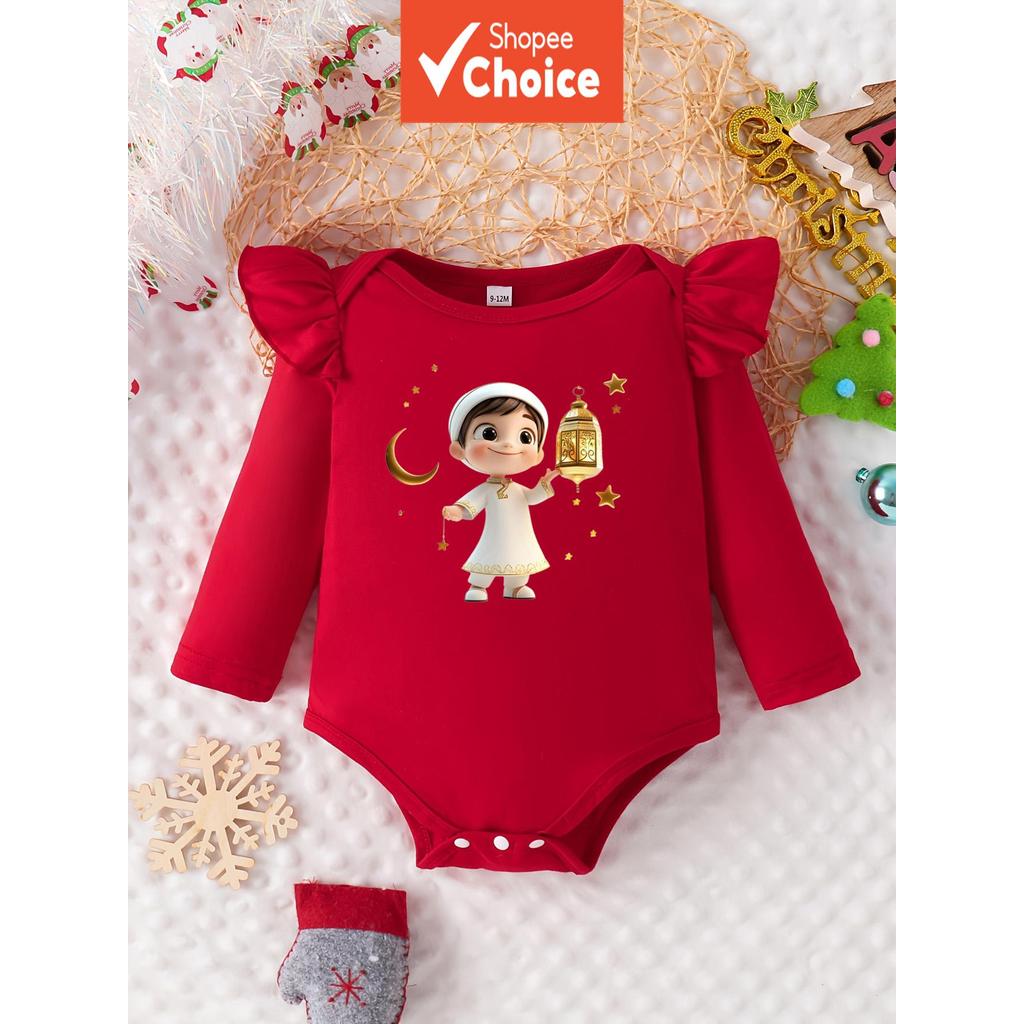 สีแดงเพื่อความสะดวก! Lantern Baby PrintRamadans Festive Little Angel/เสื้อผ้าเด็กผู้หญิงน่ารัก/