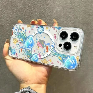 การชาร์จแบบไร้สาย เปลือกแม่เหล็ก แมงกะพรุนหลากสี สำหรับ iPhone X XS MAX XR 7/8PLUS 17 16 15 14 เคสไอโฟน 13 12 11 PRO