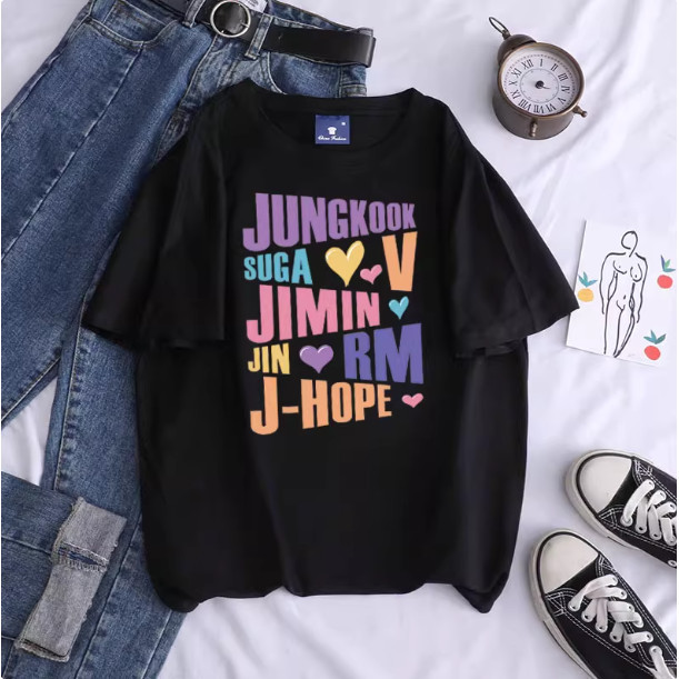 Baju BTS  jungkook jimin v j-hope RM jin  BTS เสื้อยืดพิมพ์ลาย Kpop Merch ผ้า แขนสั้น ทรงโอเวอร์ไซซ์