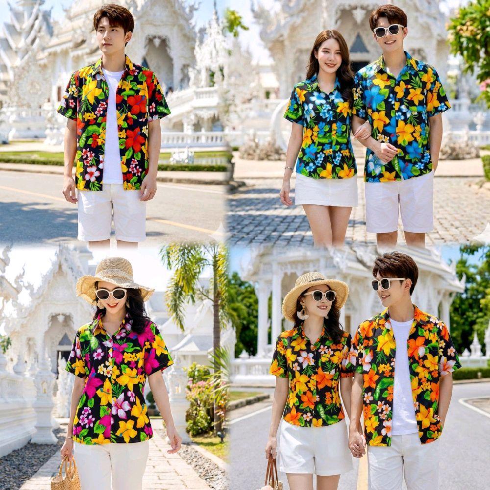 PINK022เสื้อเชิ้ตลายดอก ผ้าคอตตอน100% สีไม่ตก ผ้าไม่หดทลายคมชัด มีไซส์หญิงชาย34-56นิ้ว งานไทย ส่งจากไทย**1ตัว