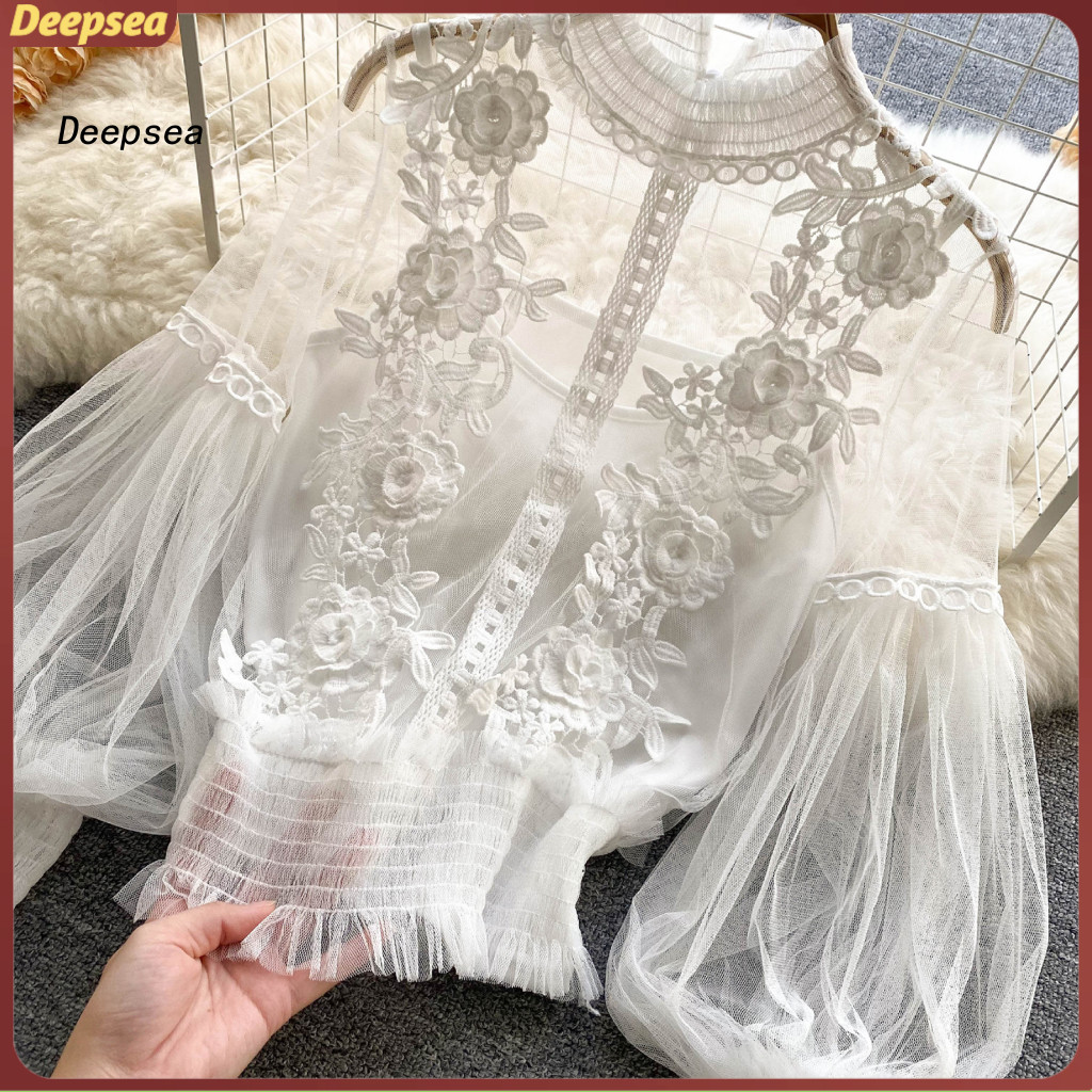 DPA Shirring Top ผู้หญิง น้ำหนักเบาทองผ้าลายดอกไม้ sheer และตาข่าย เหมาะสำหรับทั้งฤดูใบไม้ผลิและฤดูใ