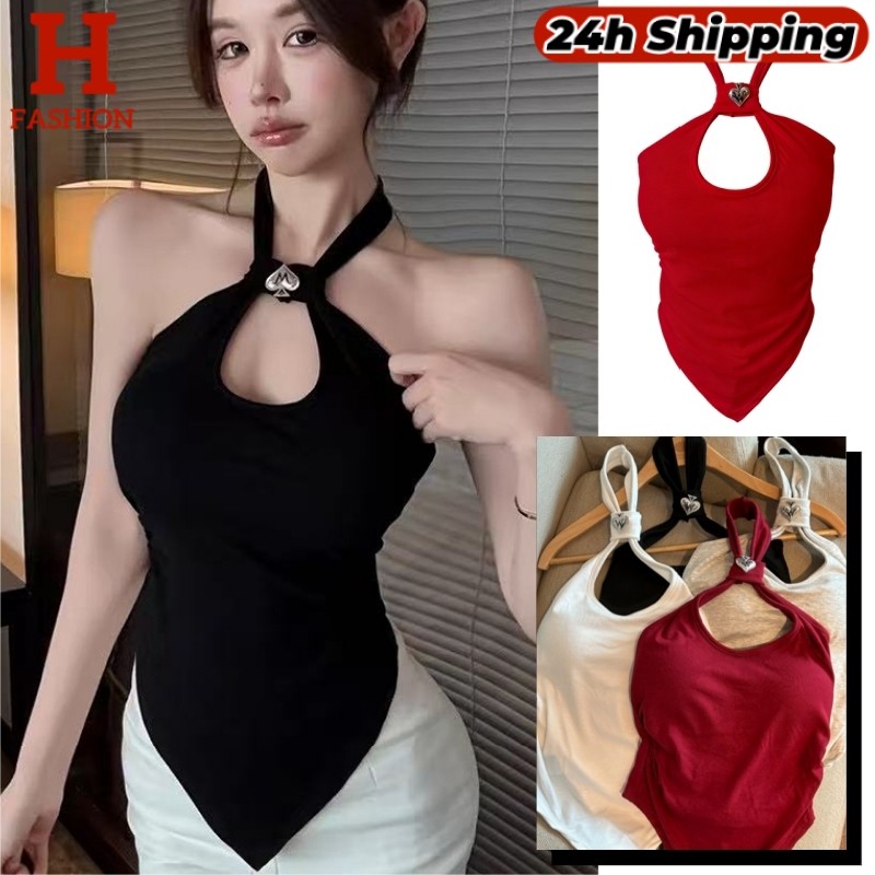 HOT 'พร้อมส่ง' เสื้อคล้องคอ เว้าอกแต่งอะไหล่หัวใจ เสริมฟองน้ำ ชายเหลี่ยมเข้ารูป FY10175