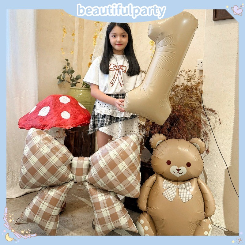 3ชิ้น/เซ็ตใหม่32นิ้วคาราเมลดิจิตอลเคลือบตารางโบว์หมีน้อยน่ารักบอลลูนทําเองเด็กทารกงานเลี้ยงวันเกิดตก