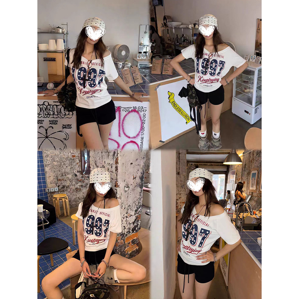เสื้อ Moss Queen สไตล์อเมริกันเรโทร สายบานไหล่เดียว สําหรับสาวๆ แขนสั้น