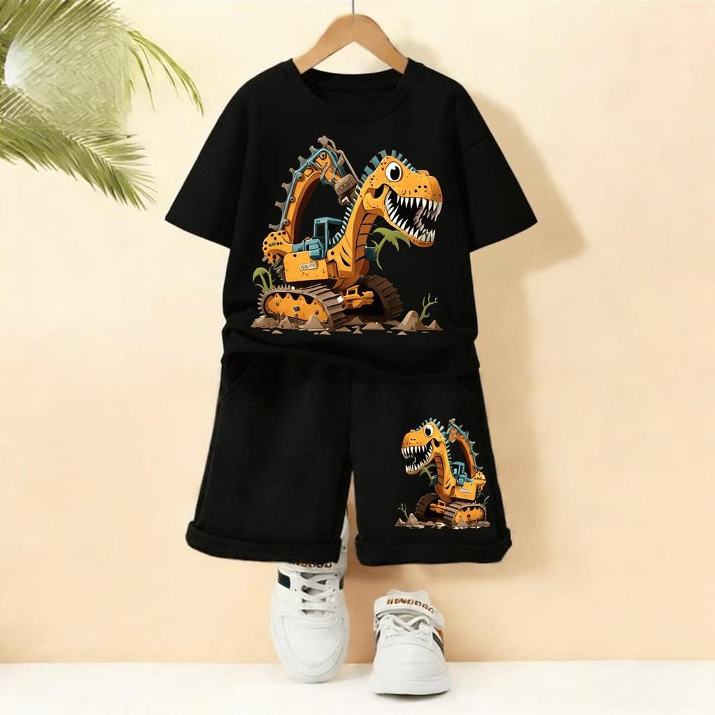 Kiddo Box ชุดเสื้อ+กางเกงขาสั้นเด็กชาย ลายไดโนเสาร์รูปรถขุดสีเหลือง สไตล์เท่ห์ๆ คุณภาพดี ใส่สบาย