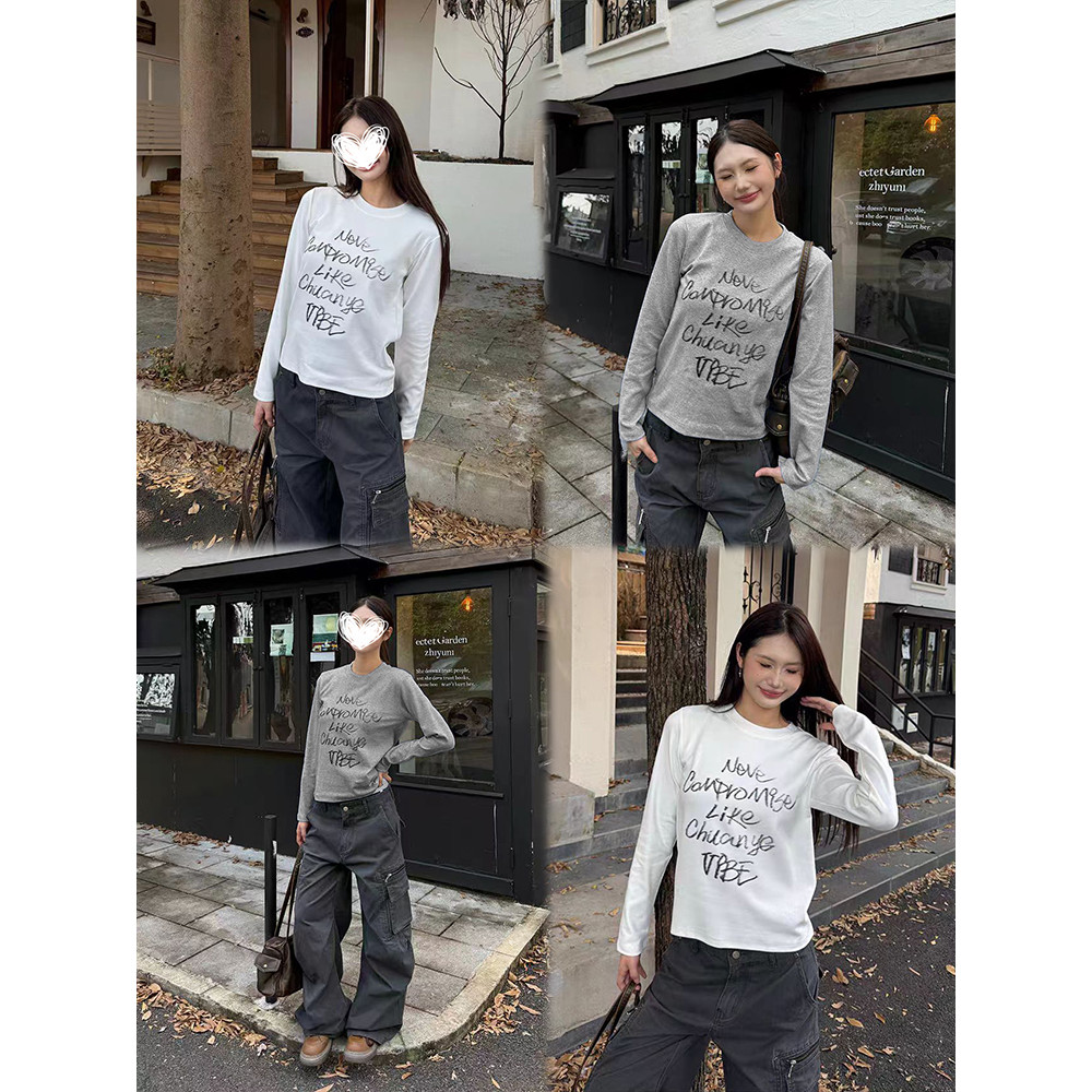 <Moses Queen> เสื้อยืดแขนยาวสไตล์อเมริกันสำหรับผู้หญิง เหมาะสำหรับฤดูใบไม้ผลิและฤดูใบไม้ร่วง ทรงเข้ารูปและเซ็กซี่