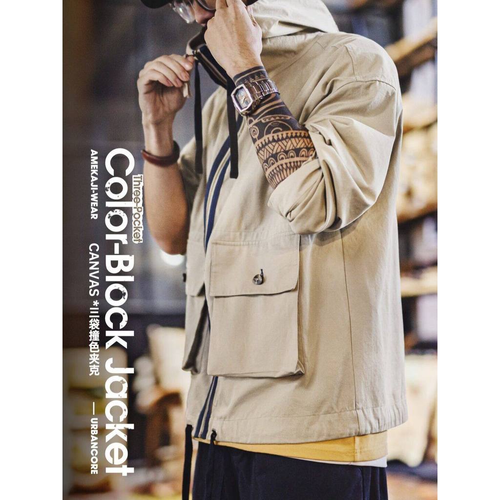 Retro Mens American Retro Cotton Canvas Jacket Khaki Multi-Pocket Stand Collar Hooded Thin Workwear Coat Spring — صورة 5