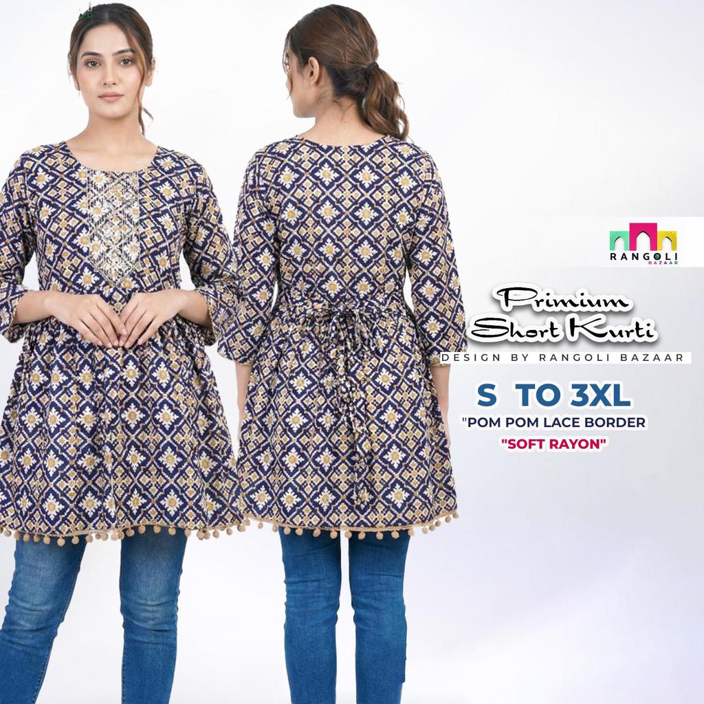 Premium Pom-Pom Short Top ( Short Kurti ) (DIAMOND PRINT) By Rangoli Bazaar
