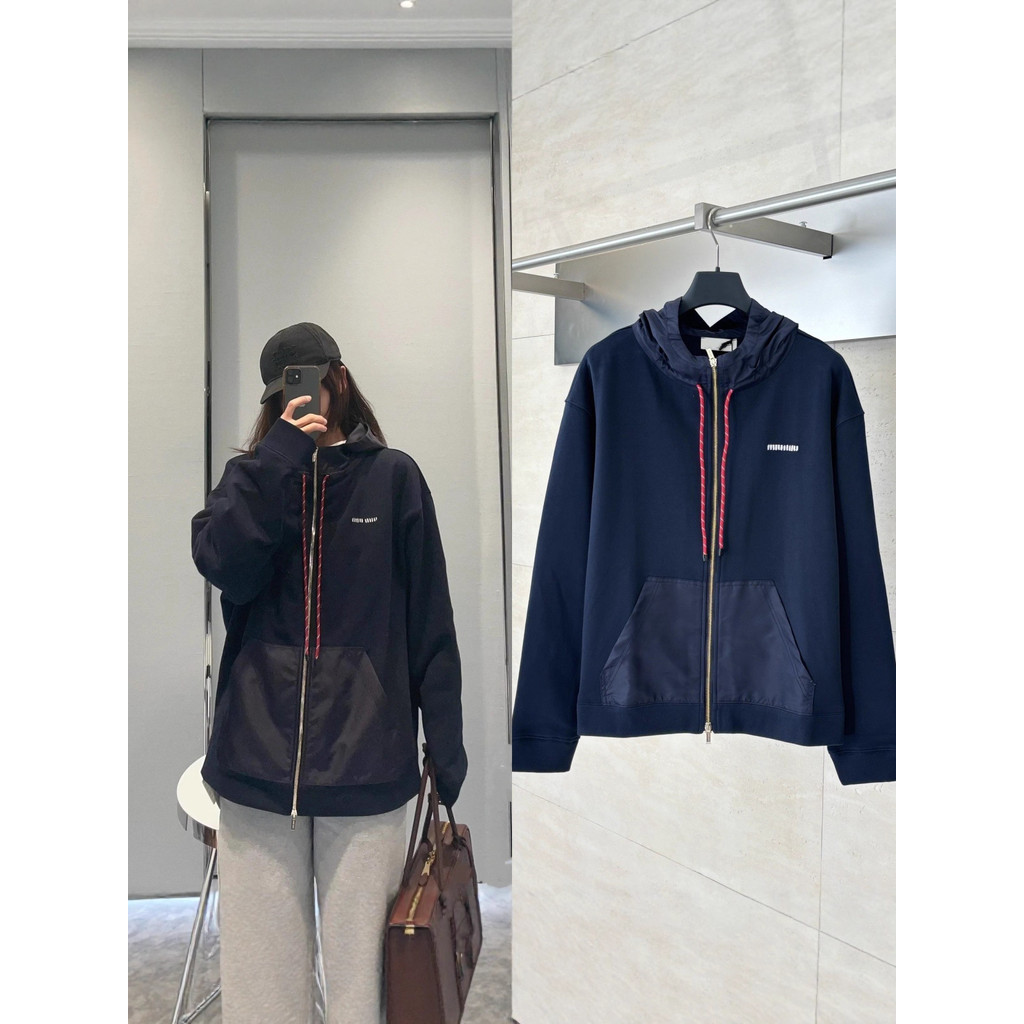 3I7A M1U M1U  25SS New navy blue logo patchwork hooded sweatshirt jacket, unisex and trendy