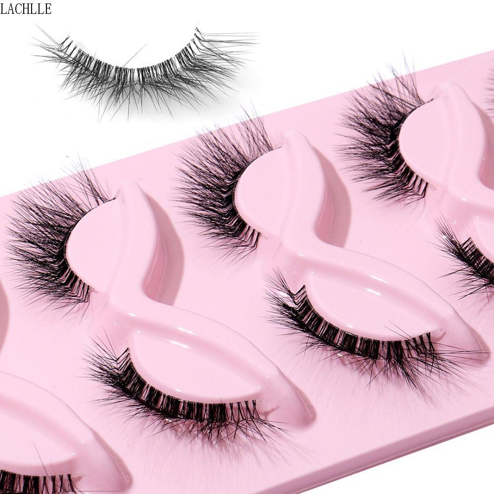 LACHLLE 5 คู่ L Curl ขนตาปลอม, 3D Full Strip Cat Eye ปลอม Lashes, นํากลับมาใช้ใหม่ Wispy Oblique Cle