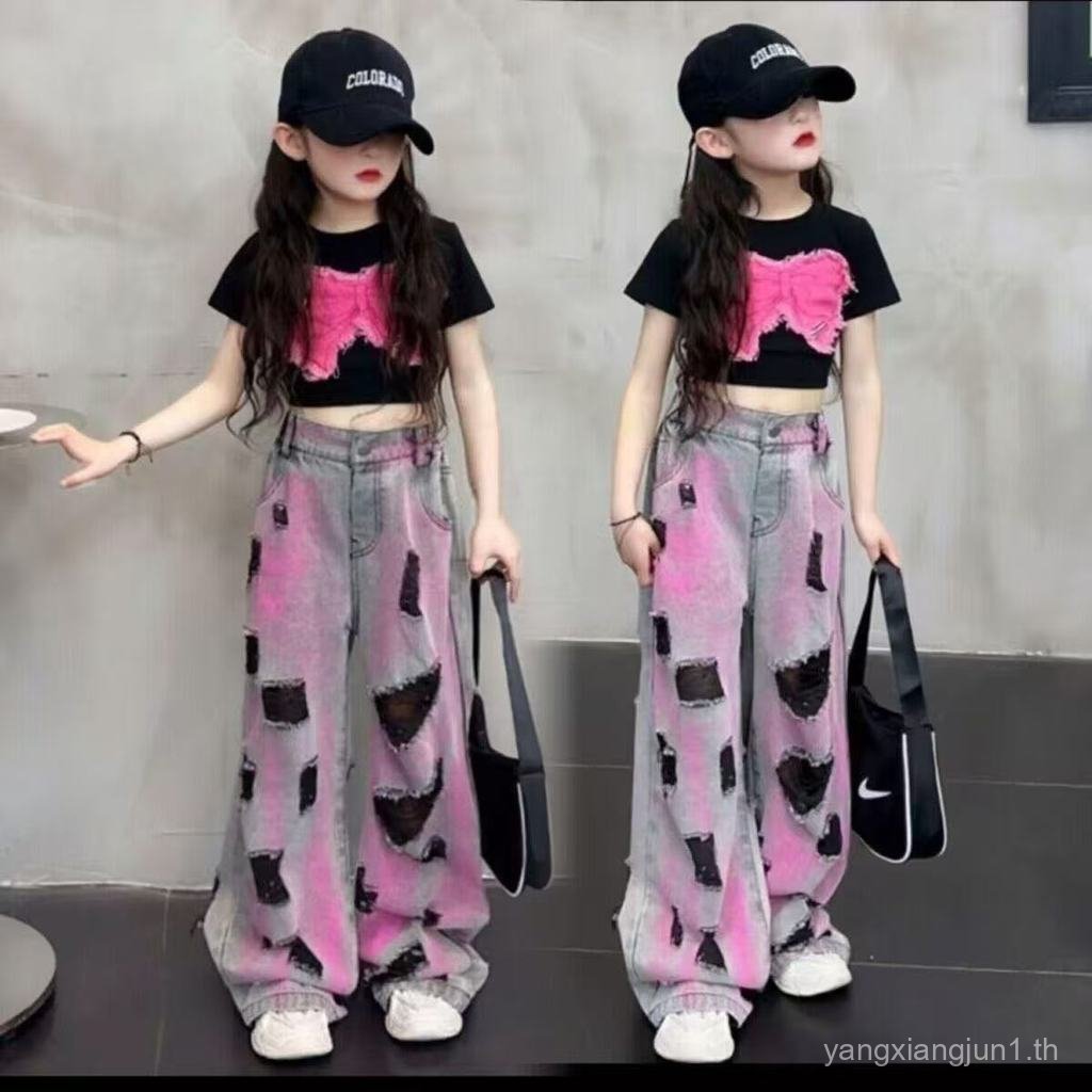 สาวฤดูร้อนชุด2025 สไตล์ใหม่ขายดีแขนสั้นหวานเย็นกางเกงเด็กฤดูร้อนสาวชุดสองชิ้น ERS