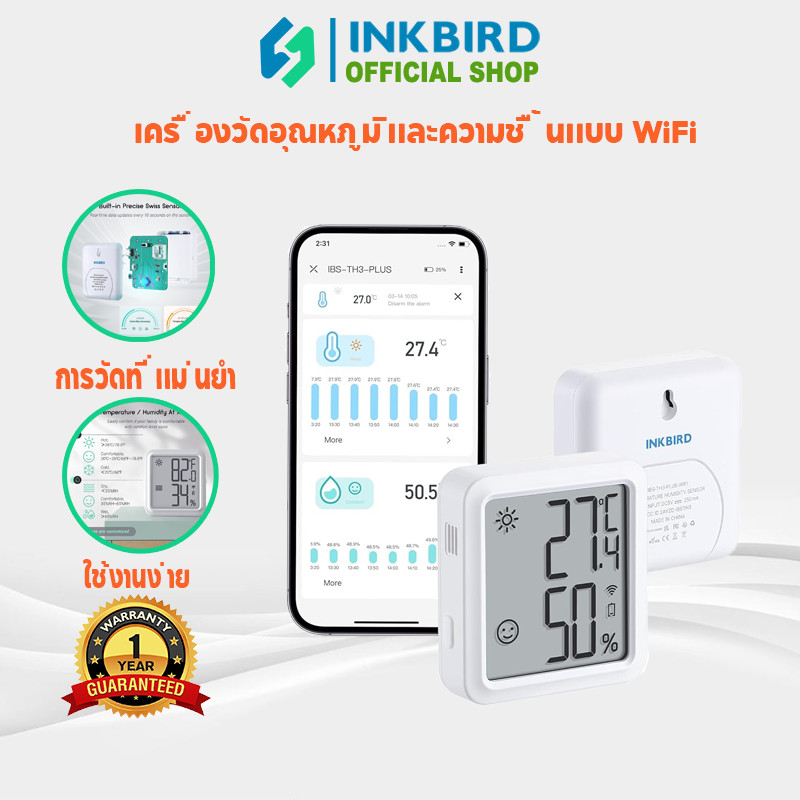 INKBIRD IBS-TH3 Plus WiFi เครื่องวัดอุณหภูมิเครื่องวัดความชื้นพร้อมจอแสดงผล App Remote Monitor