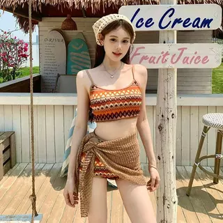 Retro ชุดว่ายน้ําสุภาพสตรีชุดว่ายน้ําชุดสี่ชิ้นผ้าถักผ้าพันคอ Soft Com #KJS176