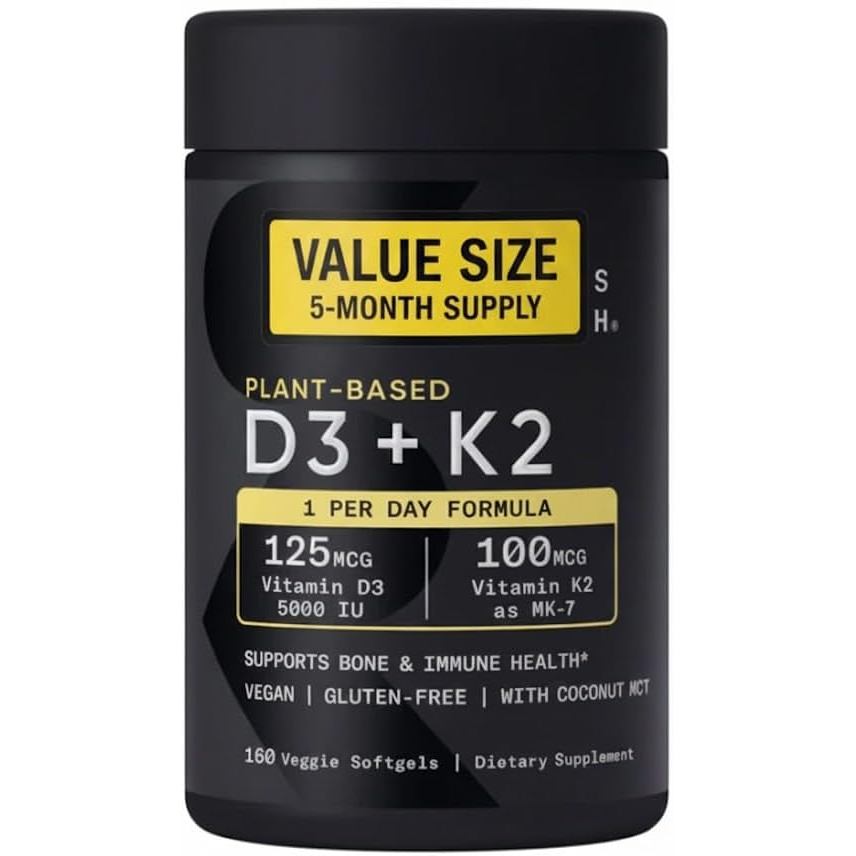 Sports Vitamin D3 K2 with 5000iu of Plant-Based D3 & 100mcg of Vitamin K2 as MK-7, Non-GMO Verified 