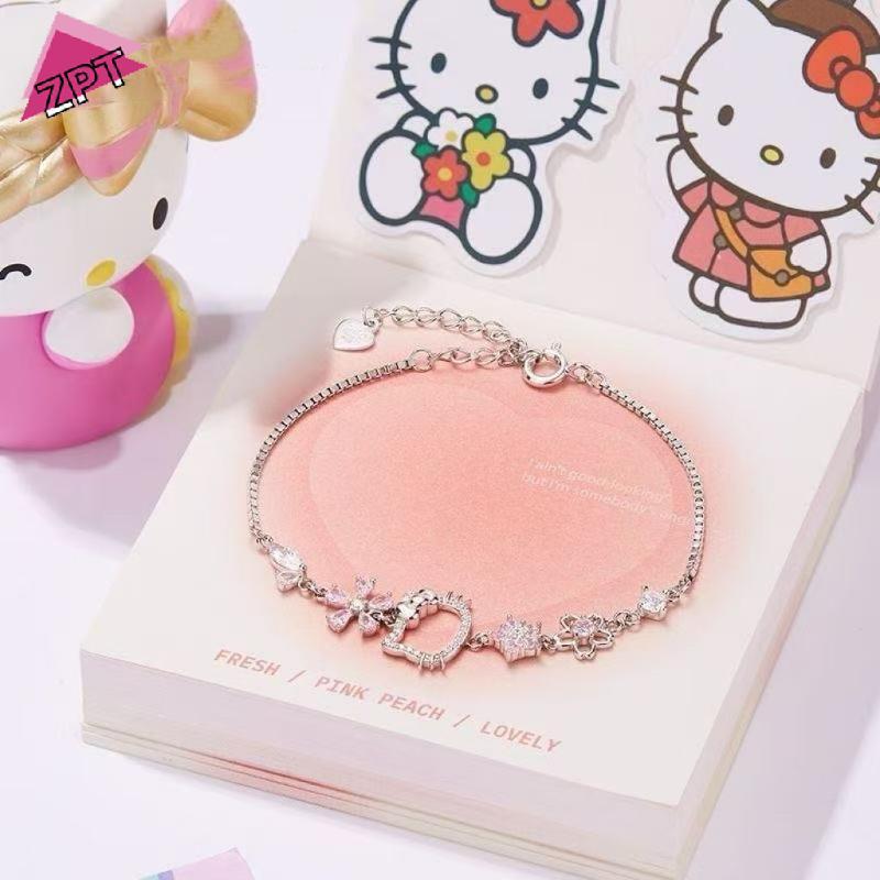 สร้อยข้อมือ Sanrio Hello Kitty ลายเพชรสีชมพูและเชอร์รี่บลอสซอม สร้อยข้อมือแฟชั่นปรับขนาดได้ เป็นของขวัญที่สวยงาม ราคา ถูกที่สุด ดีลบีเคเค แกลเลอรีภาพที่ 2